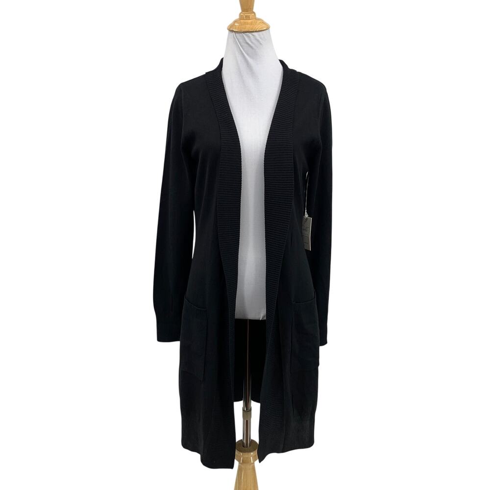Cielo Cardigan Womens S Small Black Longline Open Front Ribbed Lapels Pockets